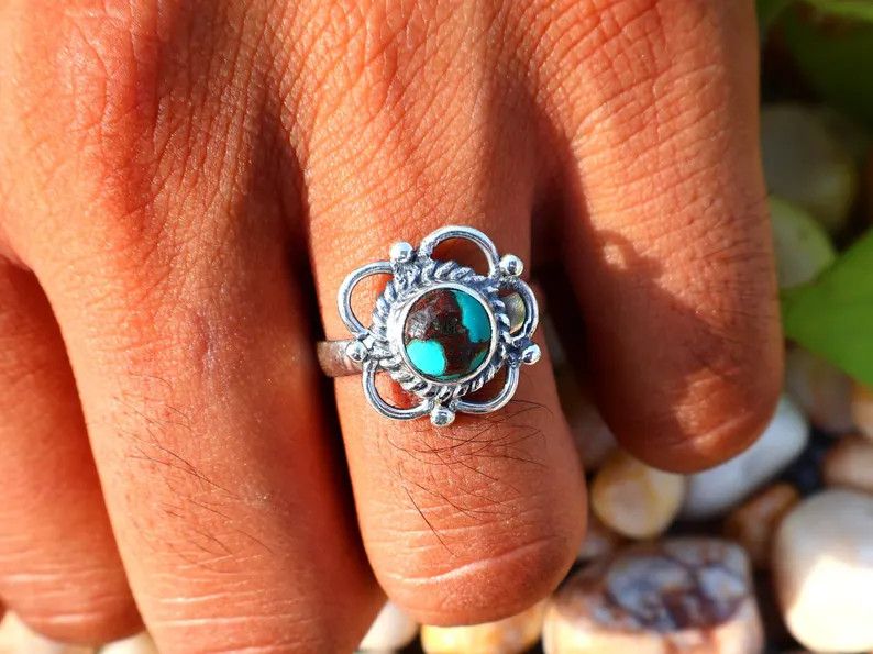Handmade Turquoise Silver Ring, Flower Gemstone, December Birthstone Size ONE SIZE - 7 Thumbnail