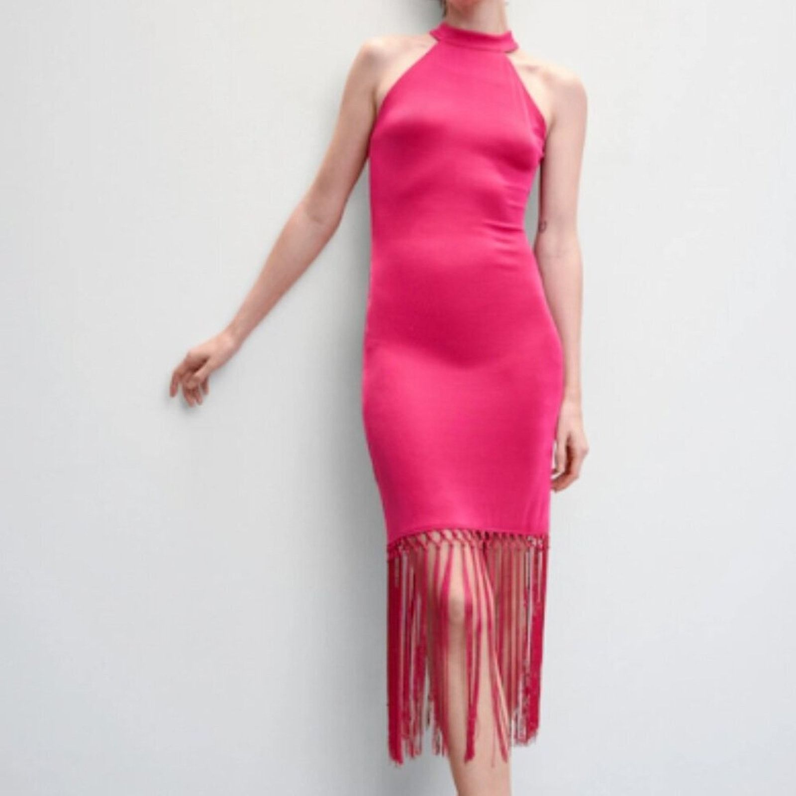 Mango Mango Halter Neck Fringed Pink Fuchsia Dress NWT Size 6 Size M / US 6-8 / IT 42-44 - 6 Thumbnail