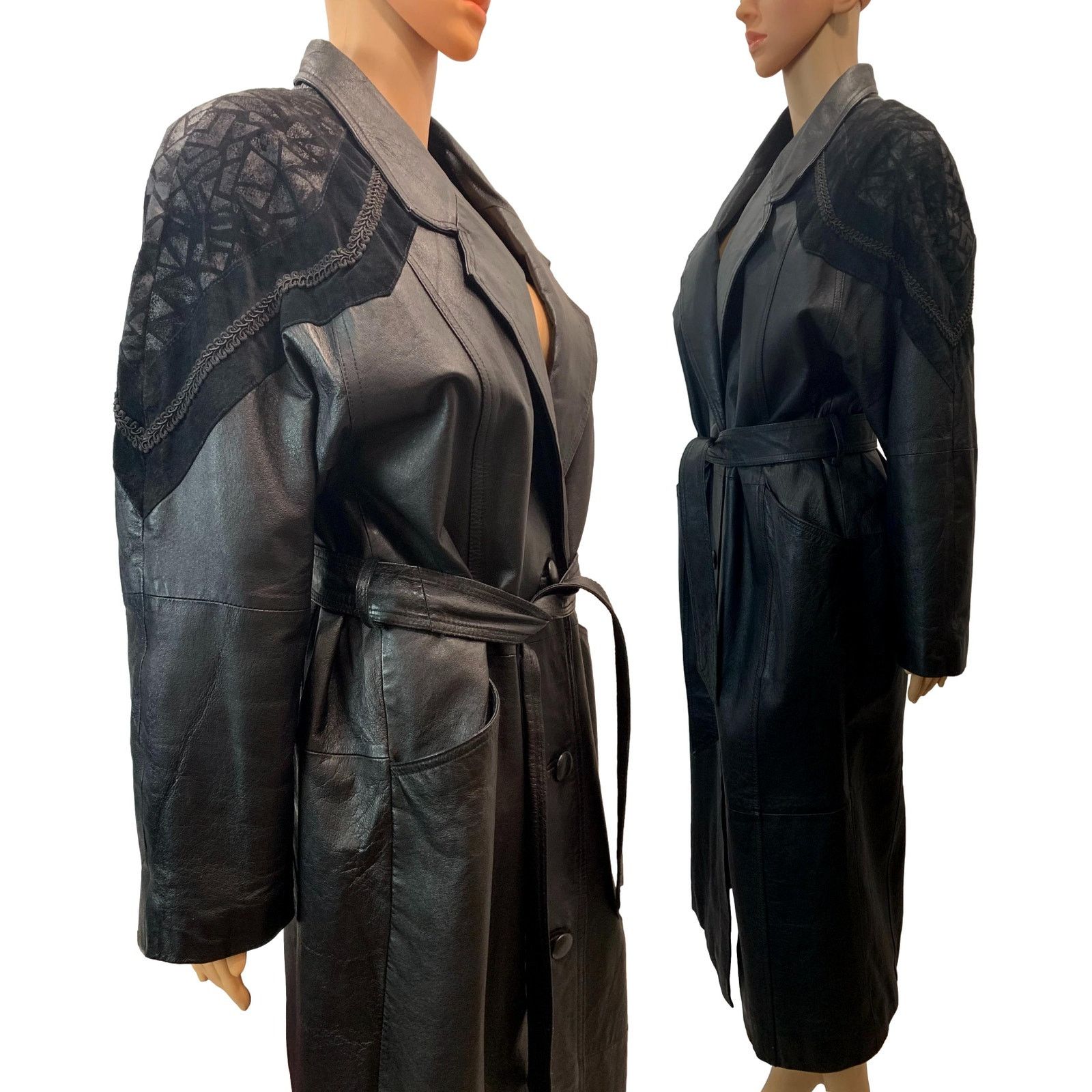 Vintage 90s BLACK Leather & Suede Maxi Trench Coat w Belt | Sm Size S / US 4 / IT 40 - 3 Thumbnail