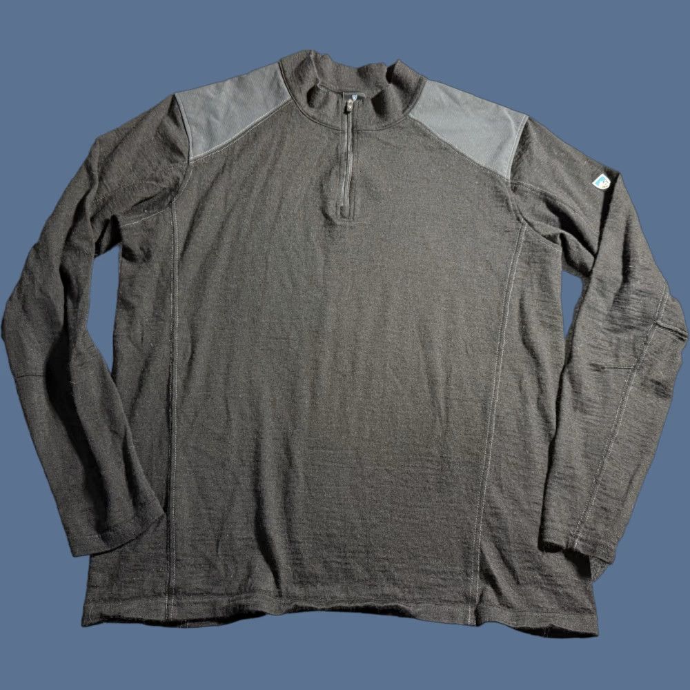 KUHL Mens Size Large 100% Merino Wool 1/4 Zip Long Sleeve Pullover Sweater Black Wool Logo Outdoor Hiking Vintage: No Mens