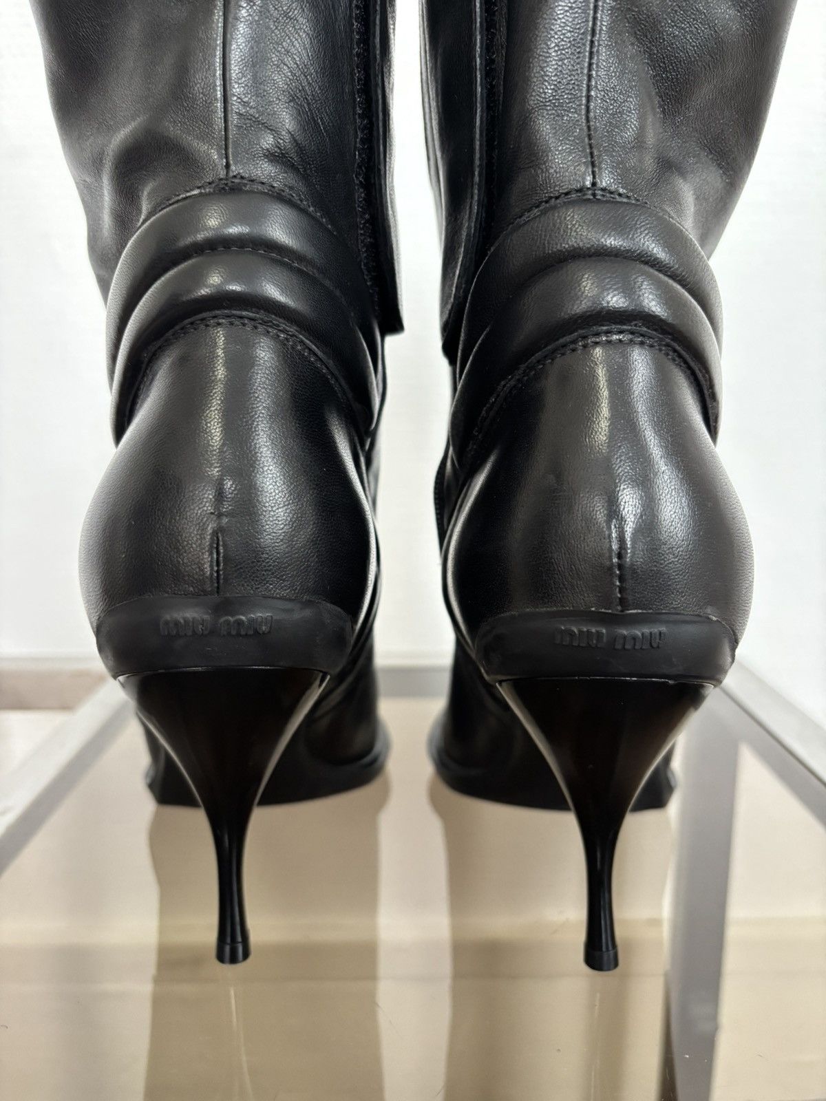 Miu Miu 00’s Vintage Miu Miu Black Padded Leather Biker Heel Boots Size US 7 / IT 37 - 8 Thumbnail