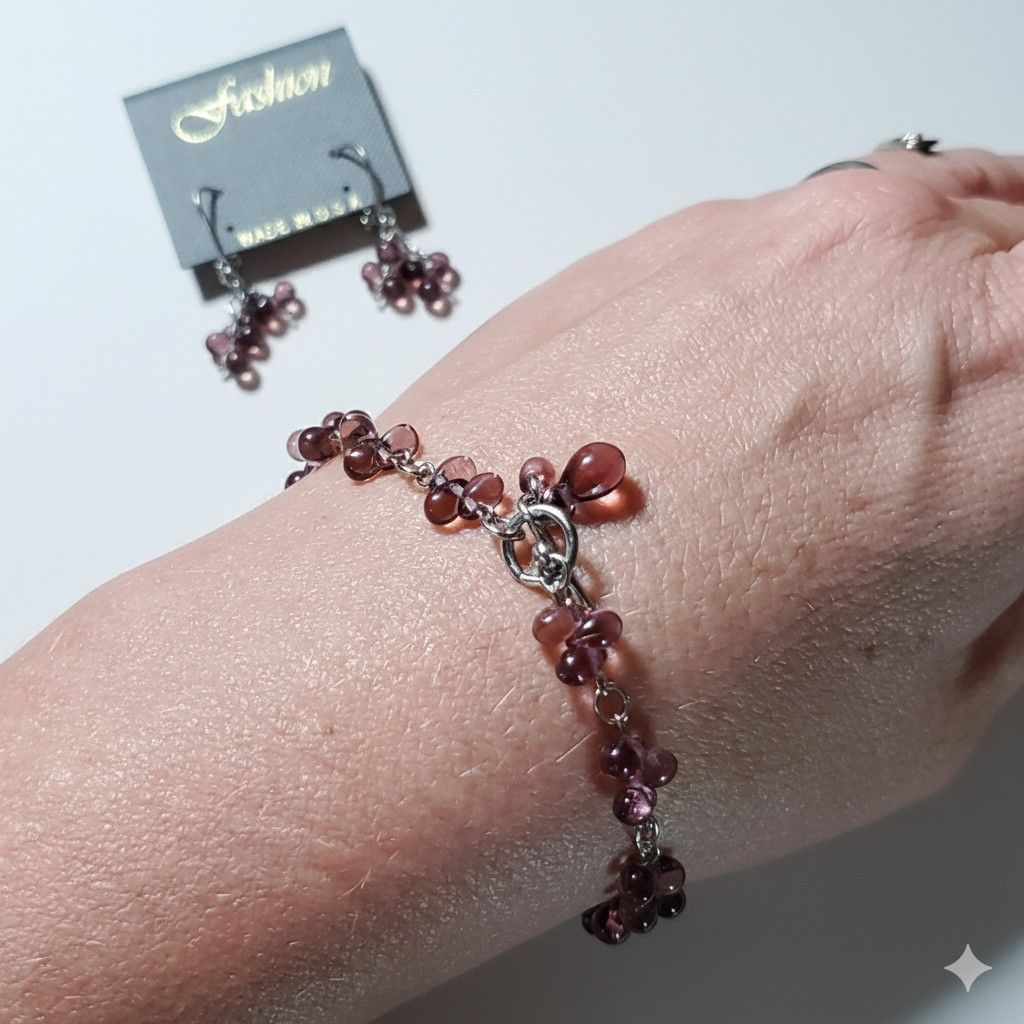Other Bracelet & Earrings NEW Rhodium Plated Purple Glass Teardrop Size ONE SIZE - 8 Thumbnail