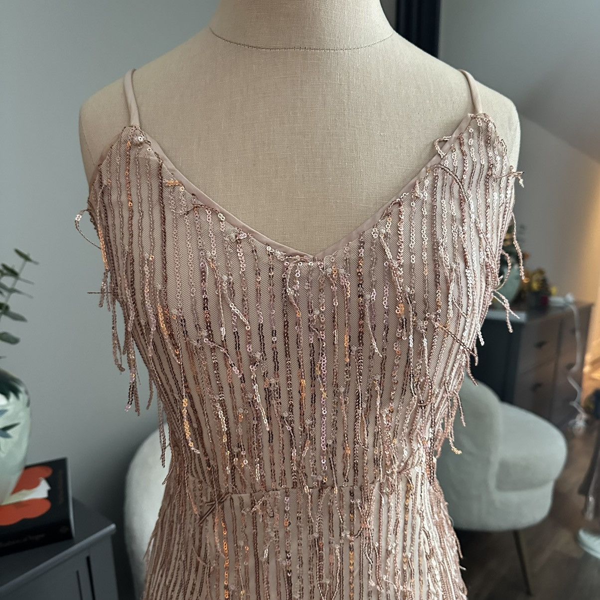Lulus Rose Gold Sequin Fringe Lace-up Maxi Dress