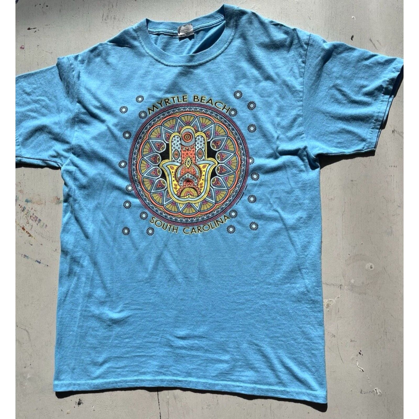 Jerzees VINTAGE Jerzees T-Shirt Turquoise Logo Myrtle Beach SC 80s 90s Men’s M Cotton Blend Embroidered Logo Graphic Circle Mythical Beach Size US M / EU 48-50 / 2 - 6 Thumbnail