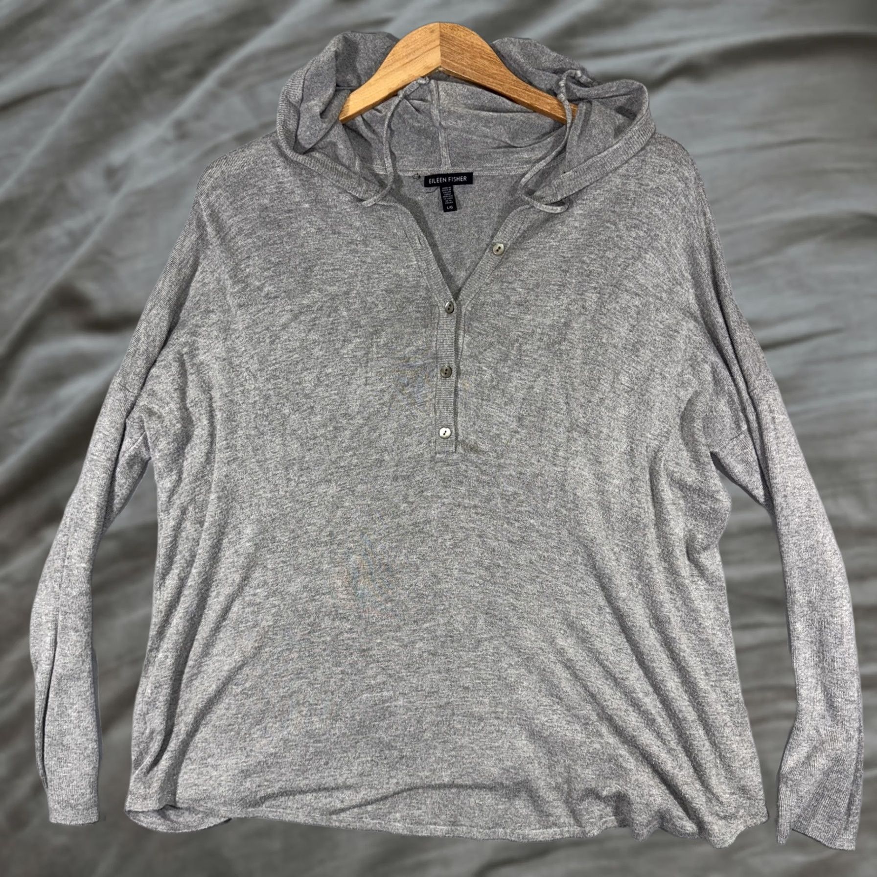 Eileen Fisher VINTAGE? No. Eileen Fisher Sweater Womens L Gray Hooded Henley Knit Hoodie Pullover Size L / US 10 / IT 46 - 1 Thumbnail