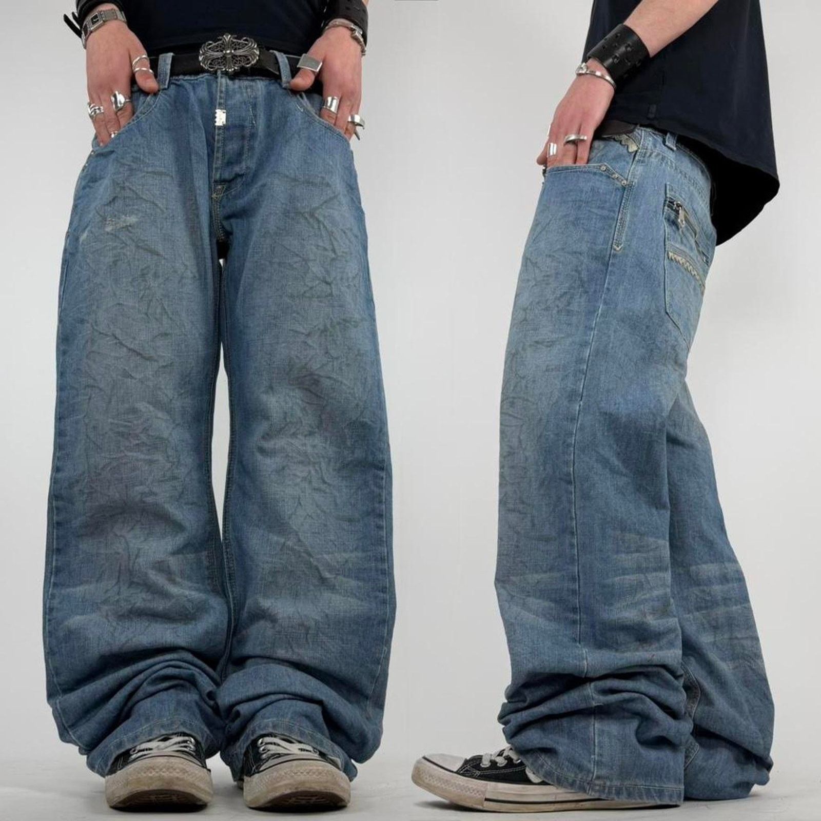 Vintage y2k baggy wide leg faded stonewash embroidered jeans