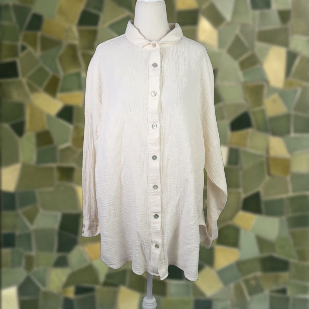 Soft Surroundings Soft Surroundings Cream Long Sleeve Button-Down Tunic Top 1X Womens Plus Cotton 100% Casual Solid Collared Tunic Shirt Size XL / US 12-14 / IT 48-50 - 1 Thumbnail