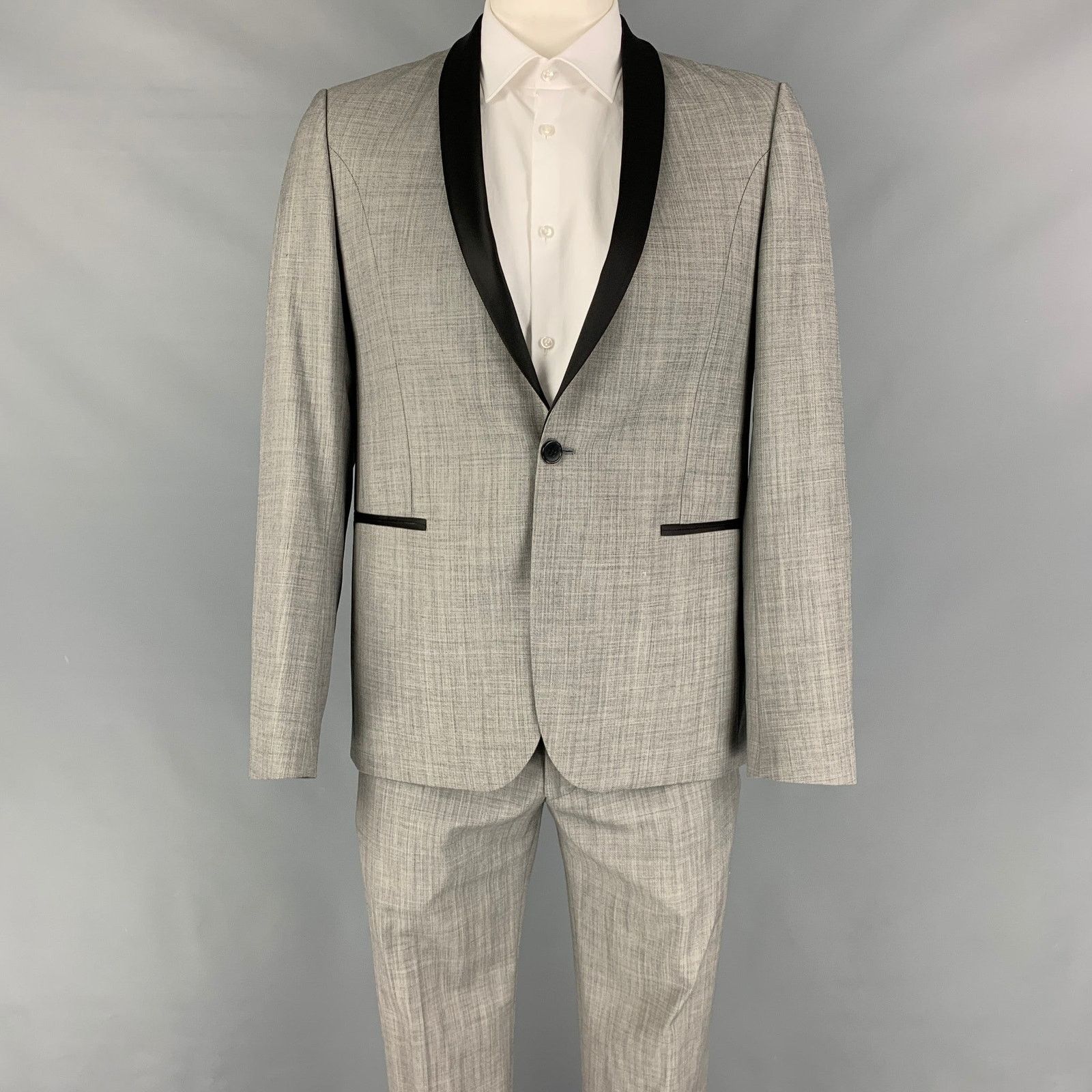 ROGER ELSTEN 42 Grey Black Wool Polyester Shawl Collar Suit