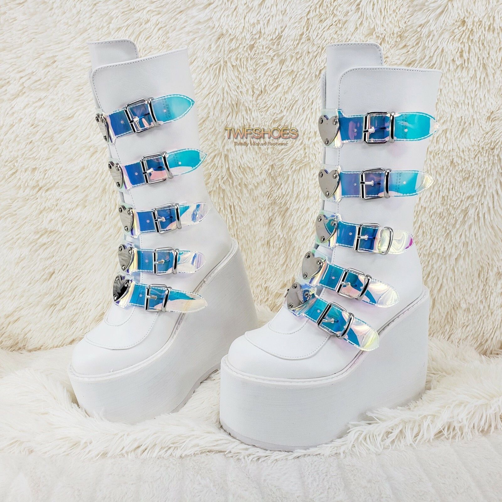 Other Cyber Swing 230 White Boot 5.5" Platform Heart Hologram Stra Size US 11 / IT 41 - 1 Thumbnail