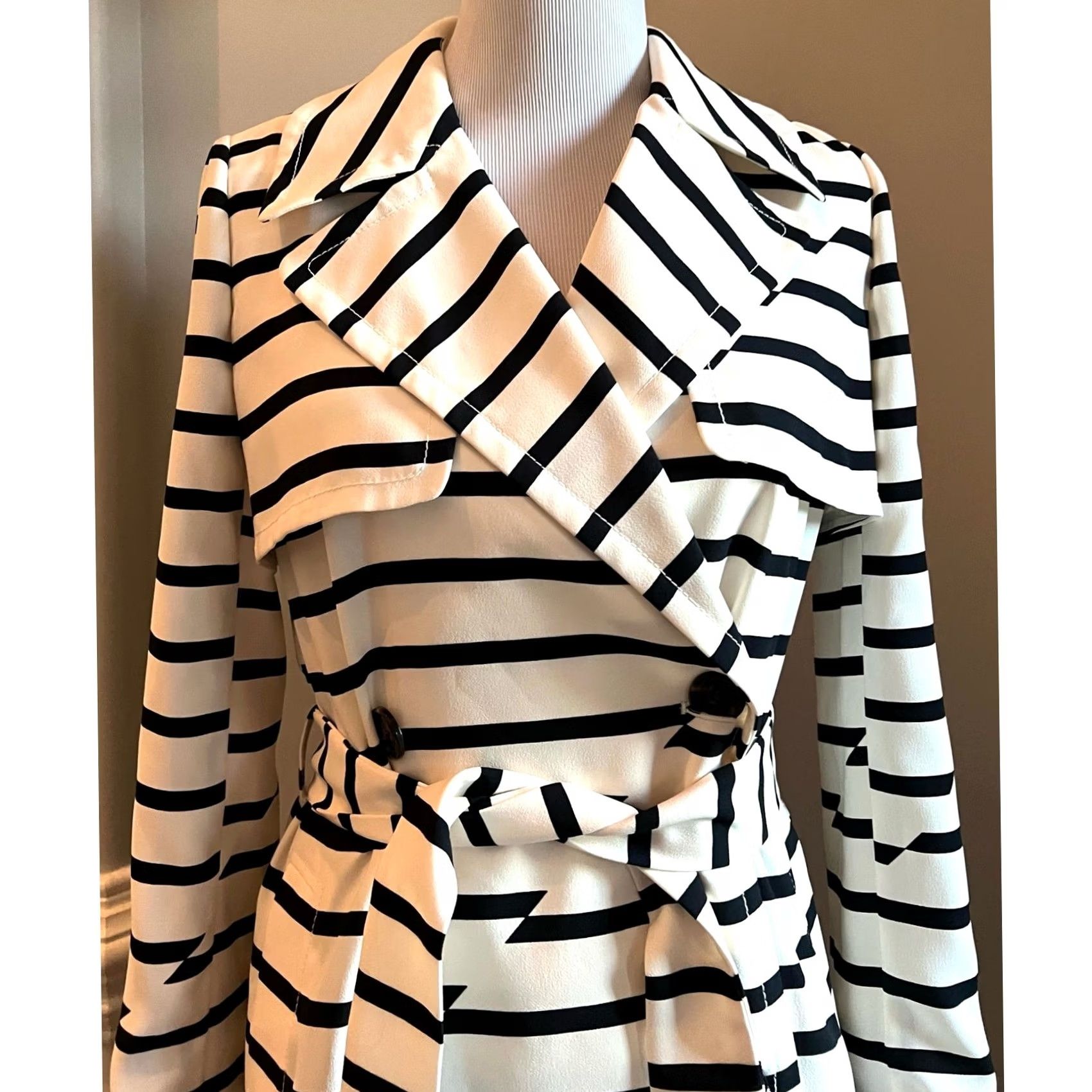 Madewell Madewell Trench Coat Jacket Striped Belted Women’s XS Black & Ivory Multicolor Pattern Long Sleeve Button Size XS / US 0-2 / IT 36-38 - 6 Thumbnail