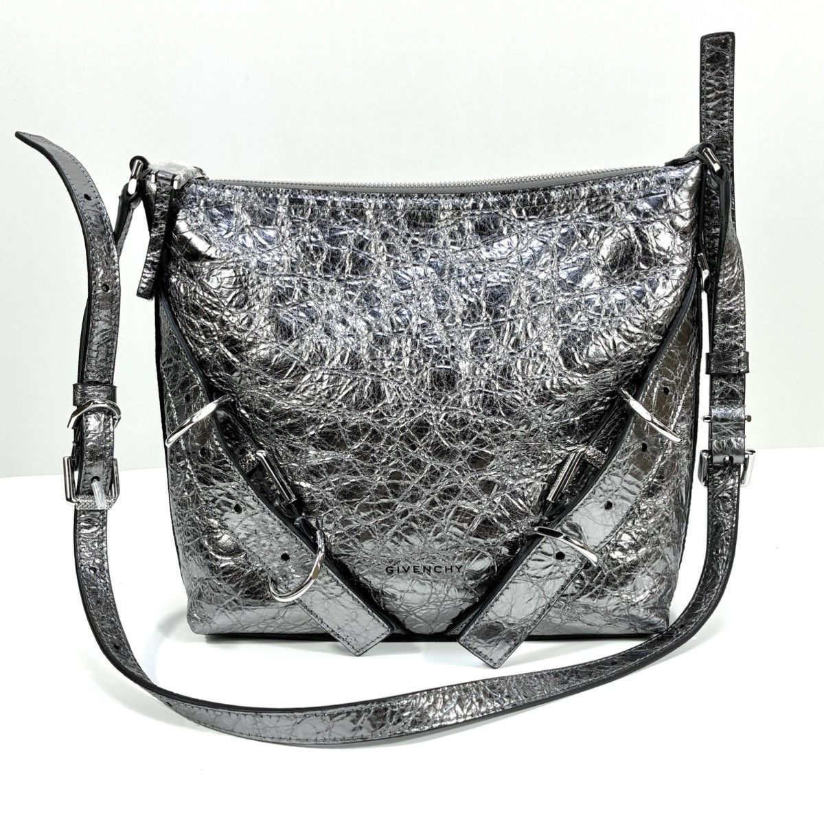 Givenchy Givenchy Small Voyou Laminated Leather Crossbody Bag Silver Size ONE SIZE - 18 Thumbnail