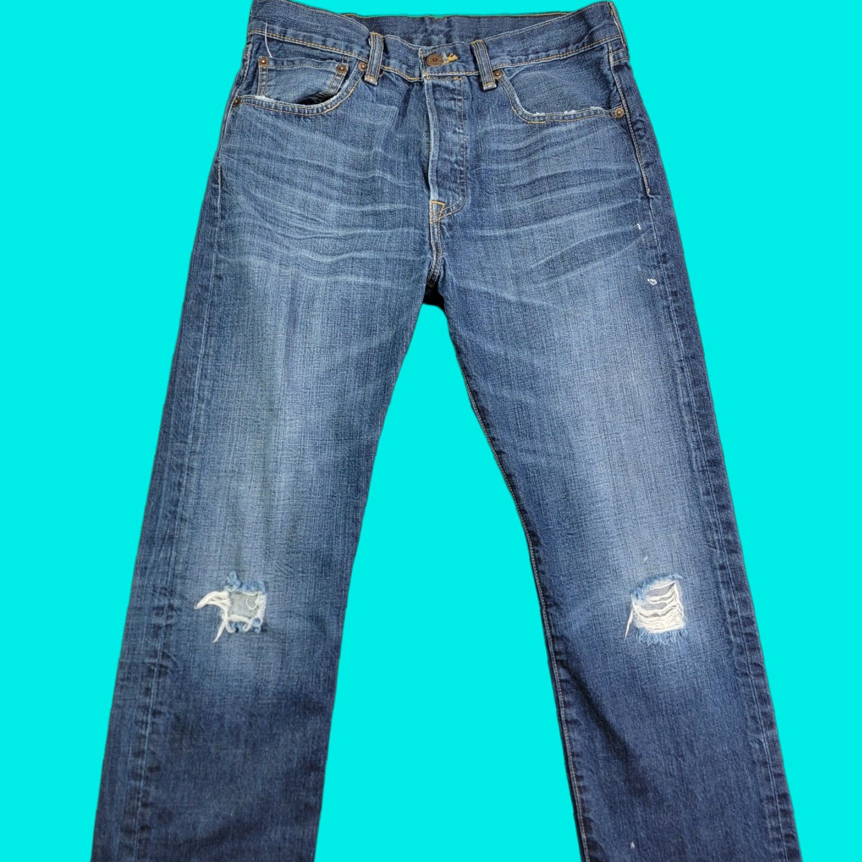 Levi's Levi's Jeans Mens 32x32 Blue 501 XX Denim Straight Medium Wash Distressed 5-Pocket USA Slim Regular Mens Size US 32 / EU 48 - 1 Thumbnail