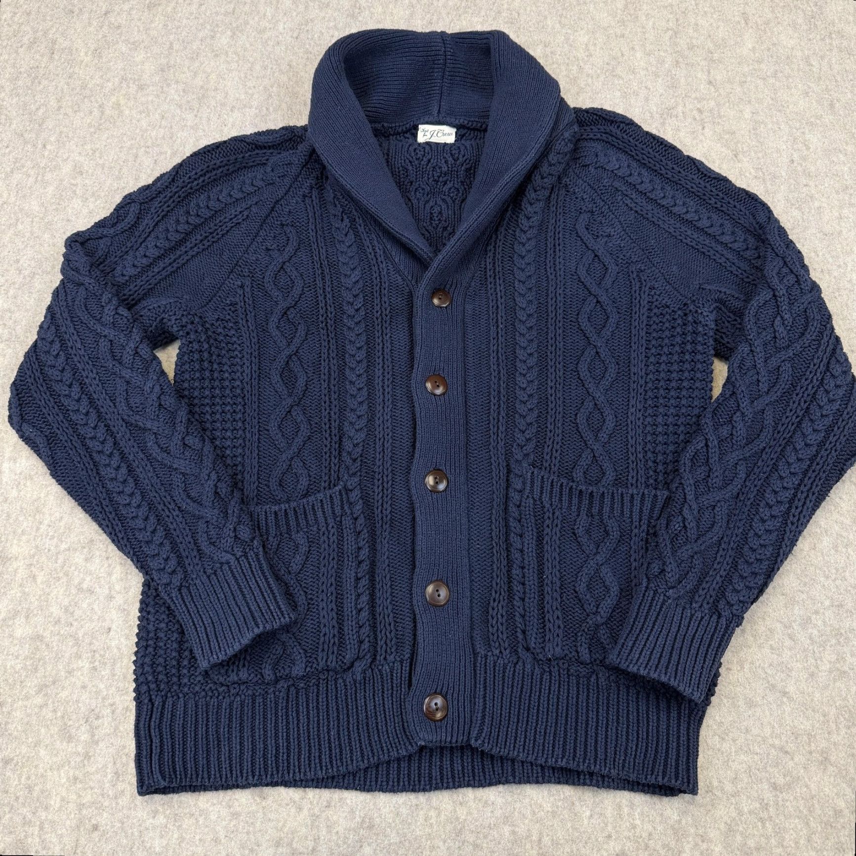 J.Crew Cable Knit 3-D Shawl Sweater Chunky Men's Medium J. Crew BA280 Cable Knit 3-D Shawl Sweater Cardigan with Pockets Blue M Men Size US M / EU 48-50 / 2 - 3 Thumbnail