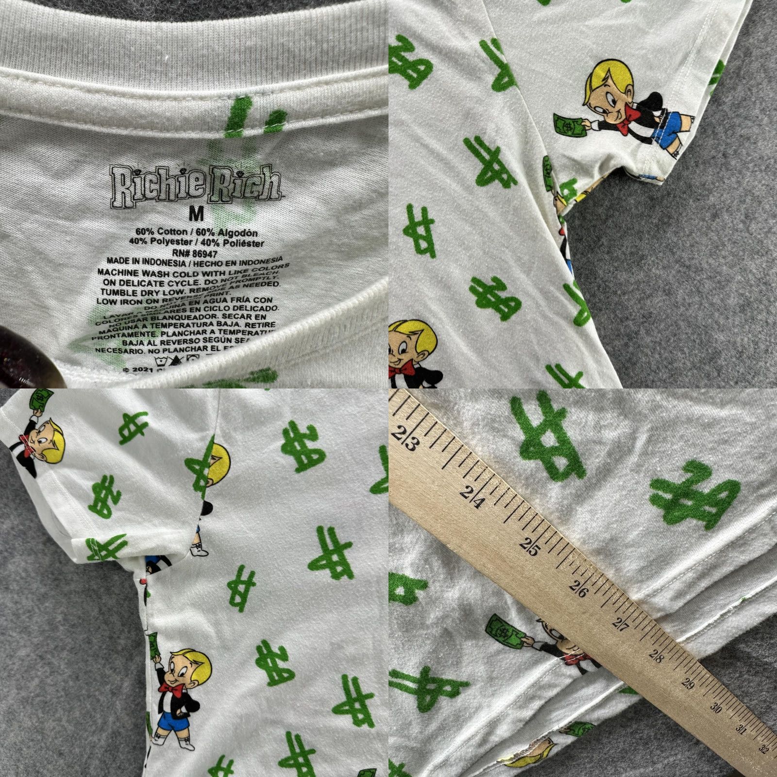 Gloverall Richie Rich Shirt Mens Medium White All Over Print Money Dollar Graphic Tee Size US M / EU 48-50 / 2 - 8 Thumbnail