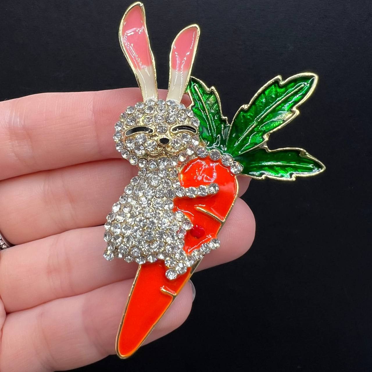 Vintage Cute Bunny Brooch Carrot Crystal Rhinestone Pin Funny Gift Size ONE SIZE - 1 Thumbnail