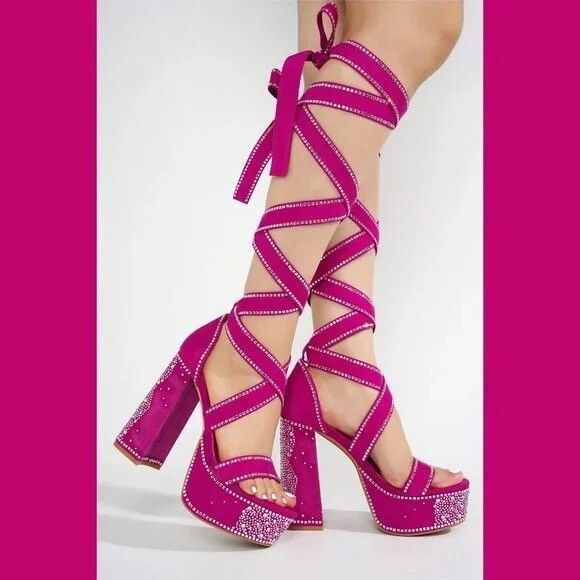 Other Extra Long Strap Rhinestone Platform Chunky Heel Shoes Hot P Size US 10 / IT 40 - 5 Thumbnail