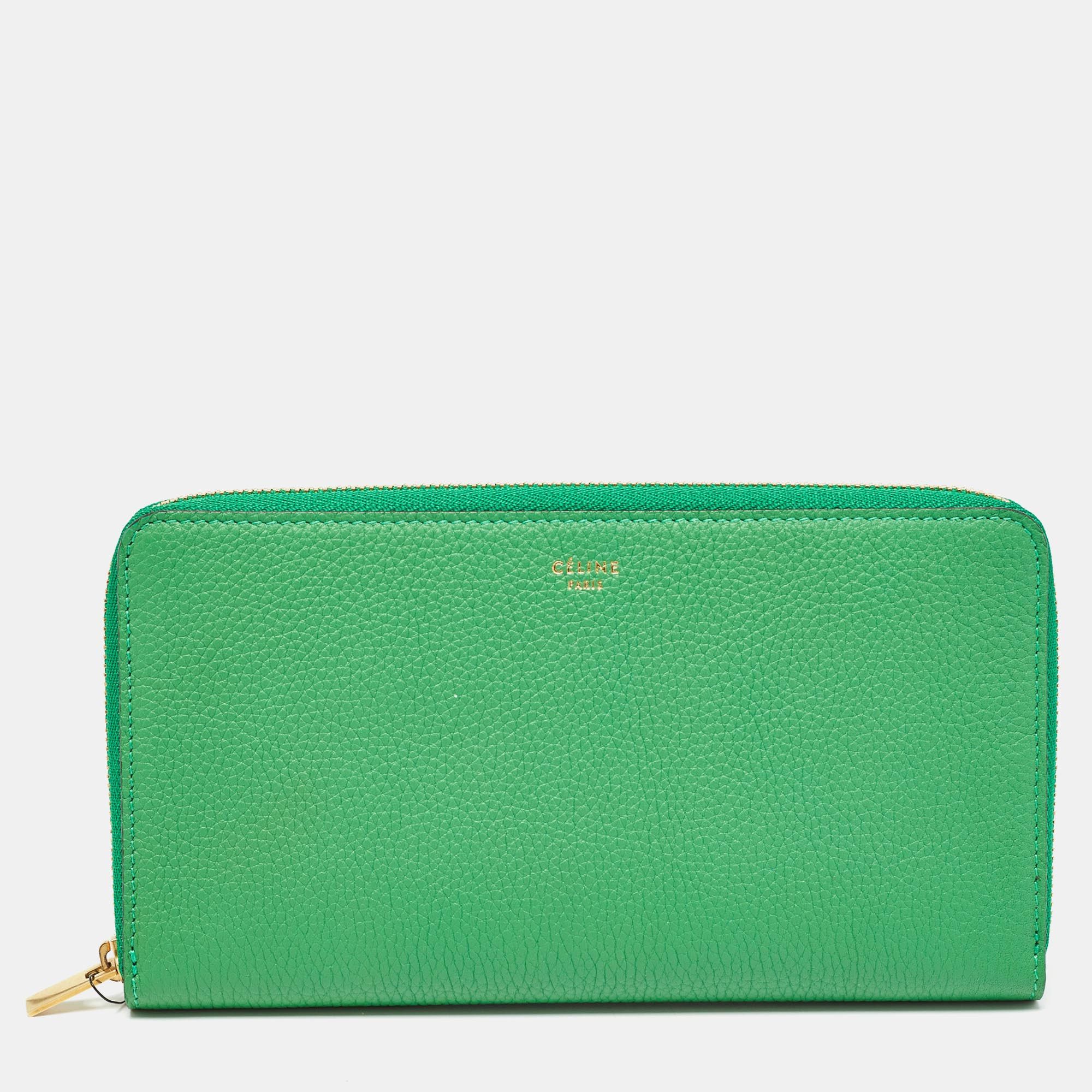 image of Celine Green Leather Large Zipped Multifunction Wallet, Women's