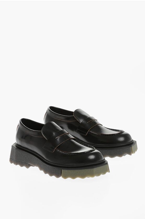 image of Off White Brushed Leather Sponge Loafers in Black, Women's (Size 10)