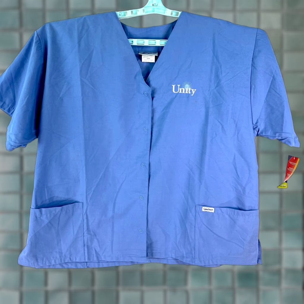 Vintage Spectrum Unity Mens V Neck Short Sleeves Scrub Top Blue 2XL Size US XXL / EU 58 / 5 - 1 Thumbnail