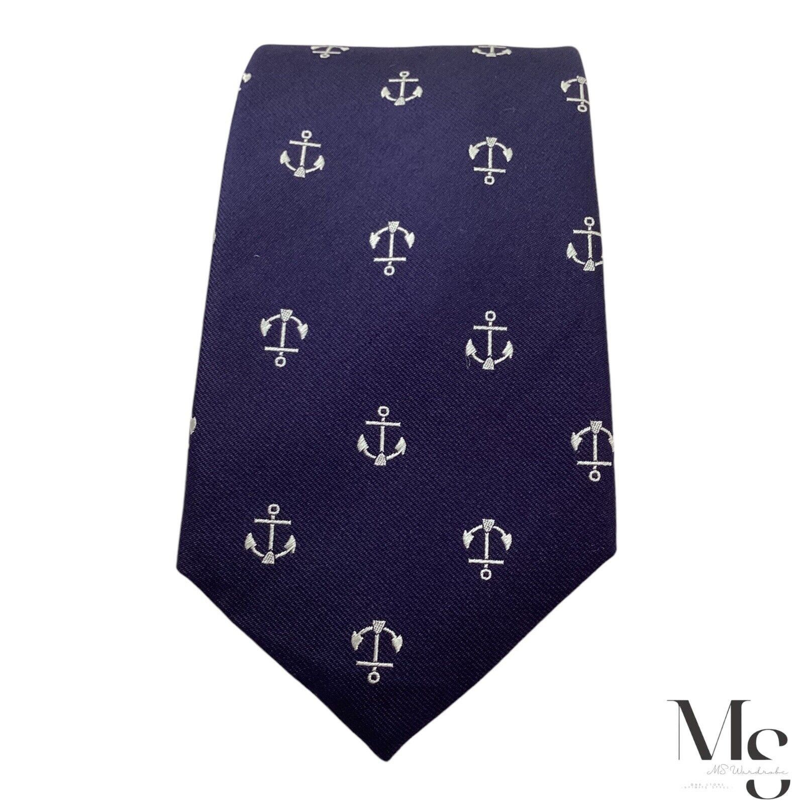 Hanes HAINES & BONNER Blue Anchor Print Silk Tie Hand Made W: 3" E Size ONE SIZE - 3 Thumbnail