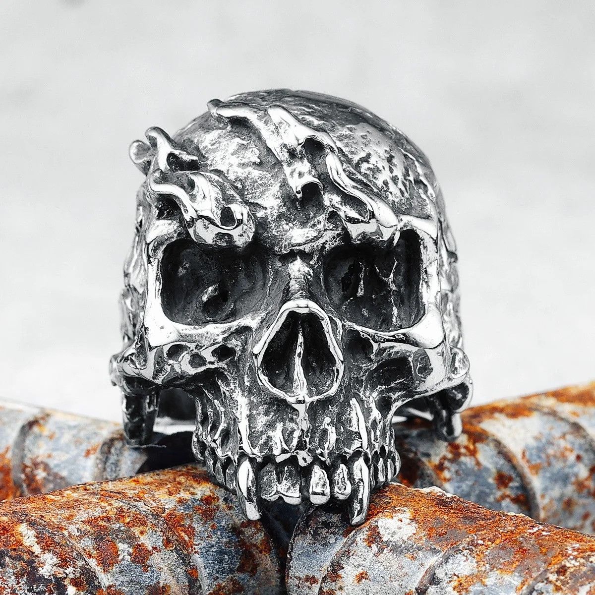 Jewelry Flame Skull Men Ring Size ONE SIZE - 2 Thumbnail