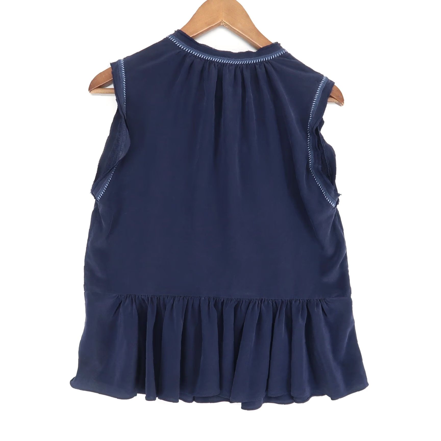 Rebecca Taylor Rebecca Taylor Silk Sleeveless Top Womens 2 Blue Embroidered Peplum Raw Edges Blouse V-Neck Tie Neck Bohemian Lightweight Tunic Size XS / US 0-2 / IT 36-38 - 2 Thumbnail