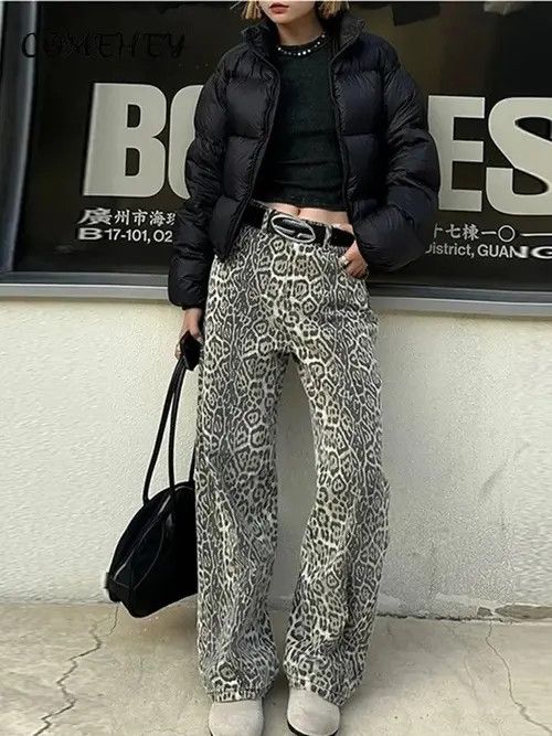 image of Vintage Fashion Leopard Jeans Women Loose High Waist Straight in Beige (Size 28)