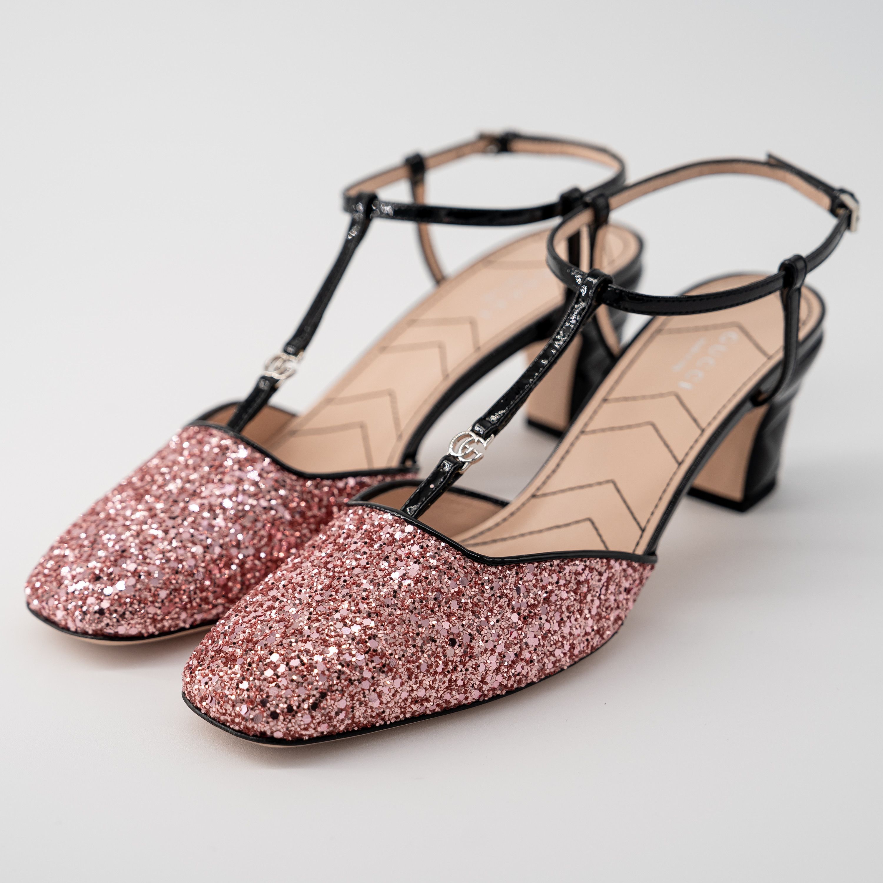 Gucci 39G - Gucci Pink Glitter Slingback Double G T-Strap Pump Size US 9 / IT 39 - 1 Thumbnail