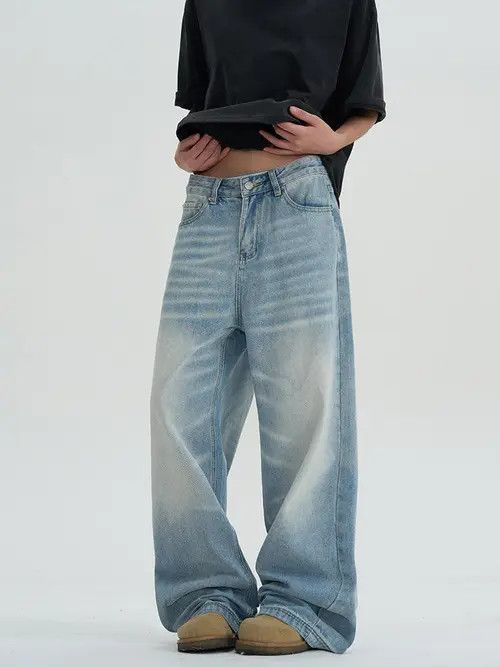 Jean Blue Washed Baggy Denim Jeans, Loose Wide Leg Jeans Size US 28 / EU 44 - 1 Thumbnail