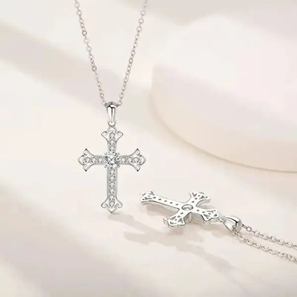 Jewelry 925 Sterling Silver 0.5 Carat Moissanite Cross Necklace Size ONE SIZE - 3 Thumbnail
