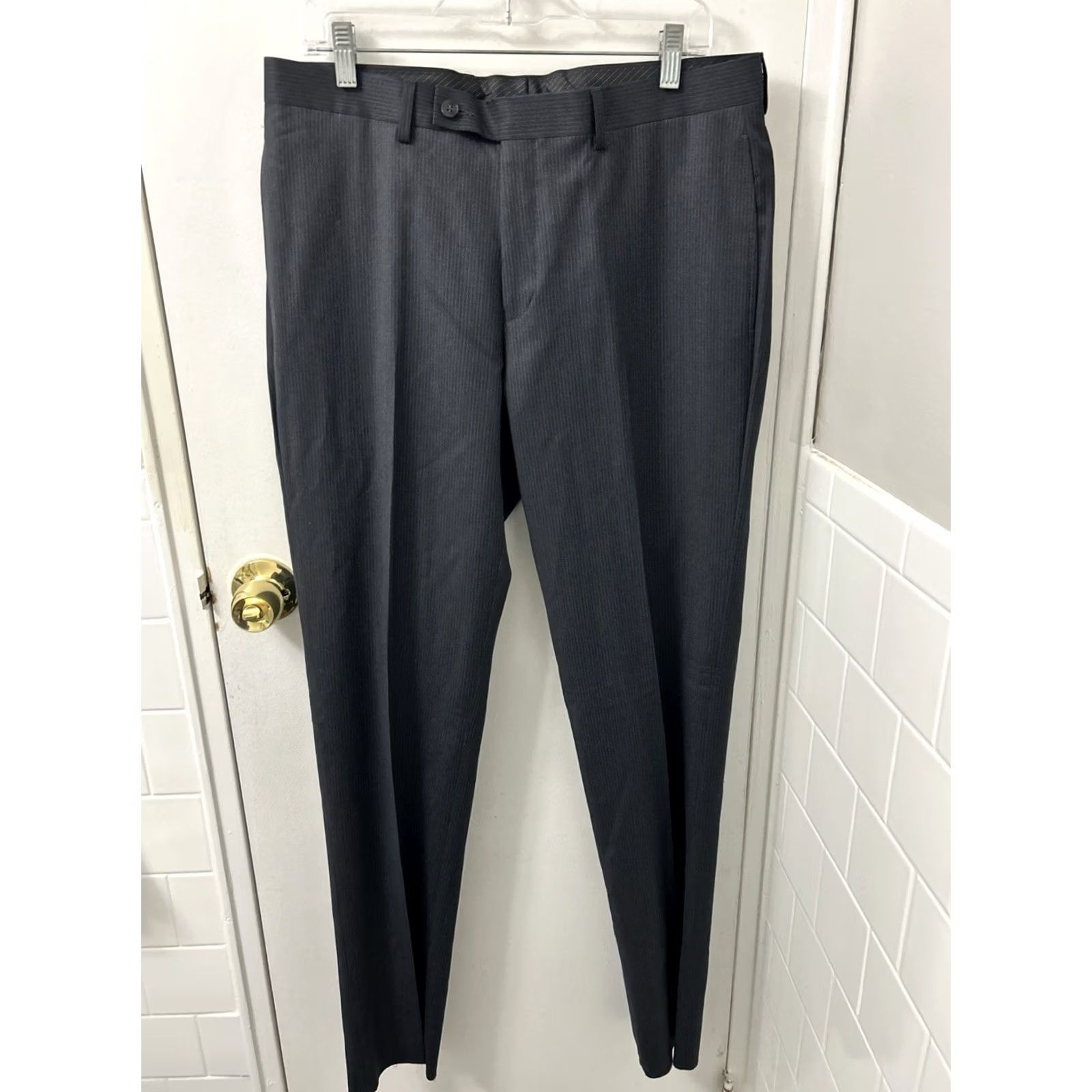 Calvin Klein Calvin Klein Dress Pants Mens 34x35 Gray Pinstripe Wool Flat Front Tapered NWT Mens Clothing Pants Size US 34 / EU 50 - 6 Thumbnail