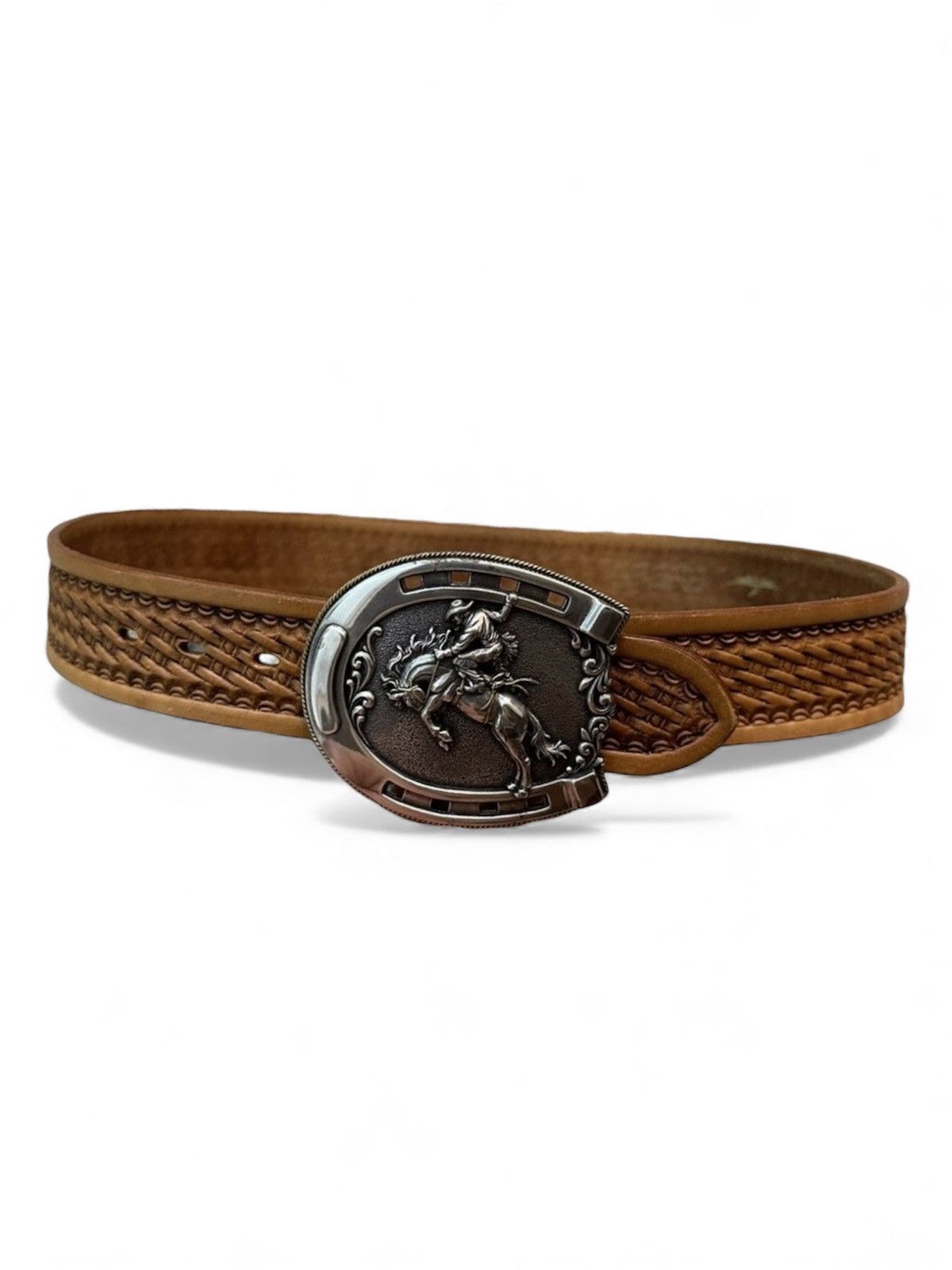 Handmade Tony Lama Classic Basketweave Leather Belt Bronc Buckle (32) Size 32 - 1 Thumbnail