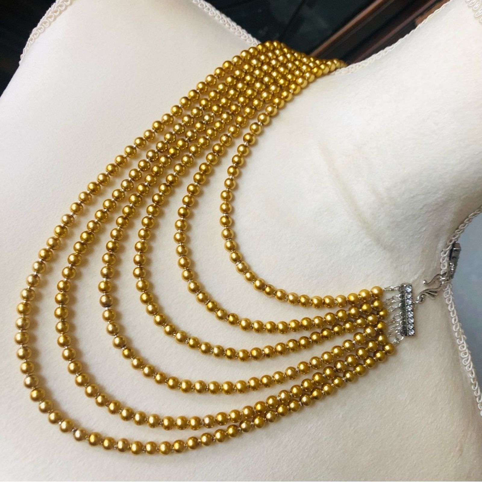 Handmade Handcrafted six strand golden Czech glass pearl necklace Size ONE SIZE - 1 Thumbnail