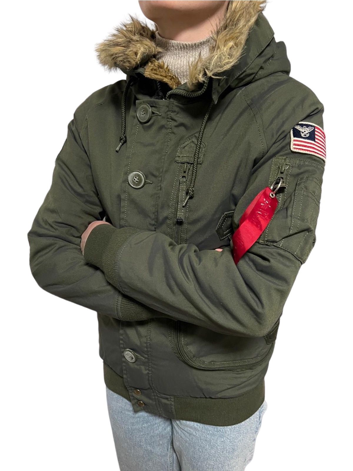 image of Alpha Industries Polar Bomber Winter Fur Jacket Large in Green, Women's