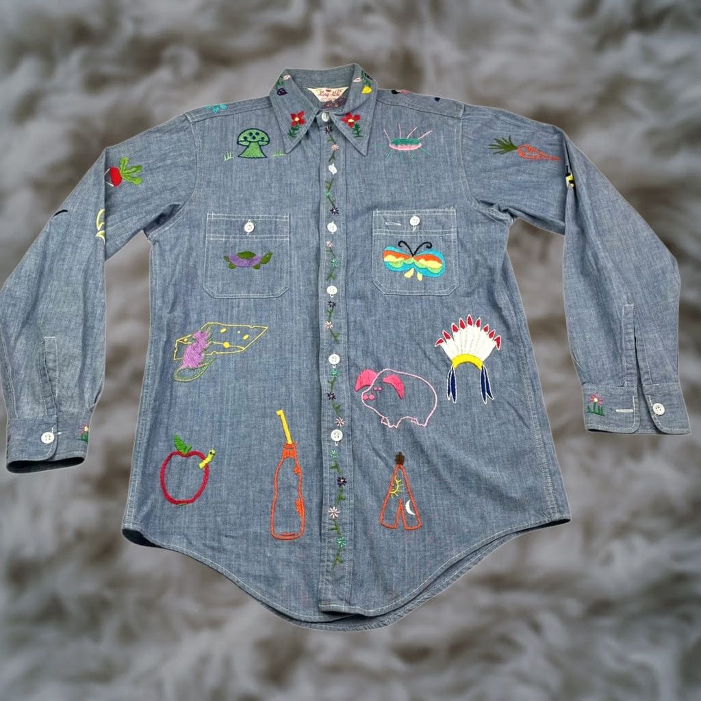 Denime VINTAGE King Kole Denim Shirt Adult Small Blue Long Sleeve Embroidered Hand Sewn Mens 50's Size US S / EU 44-46 / 1 - 1 Thumbnail