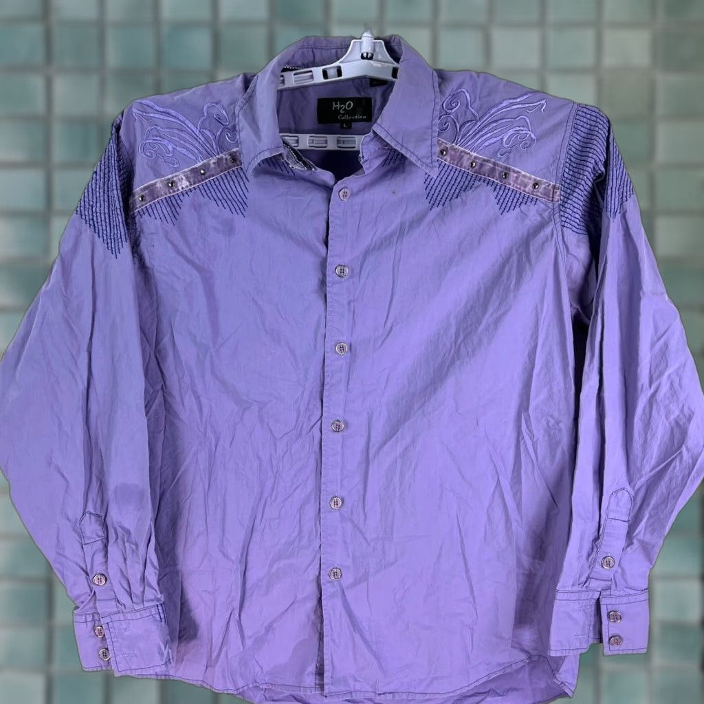 Vintage H2O Graphic Print Embroidered Button-Up Shirt Men's Size L Purple Long Sleeve Casual Size US L / EU 52-54 / 3 - 1 Thumbnail