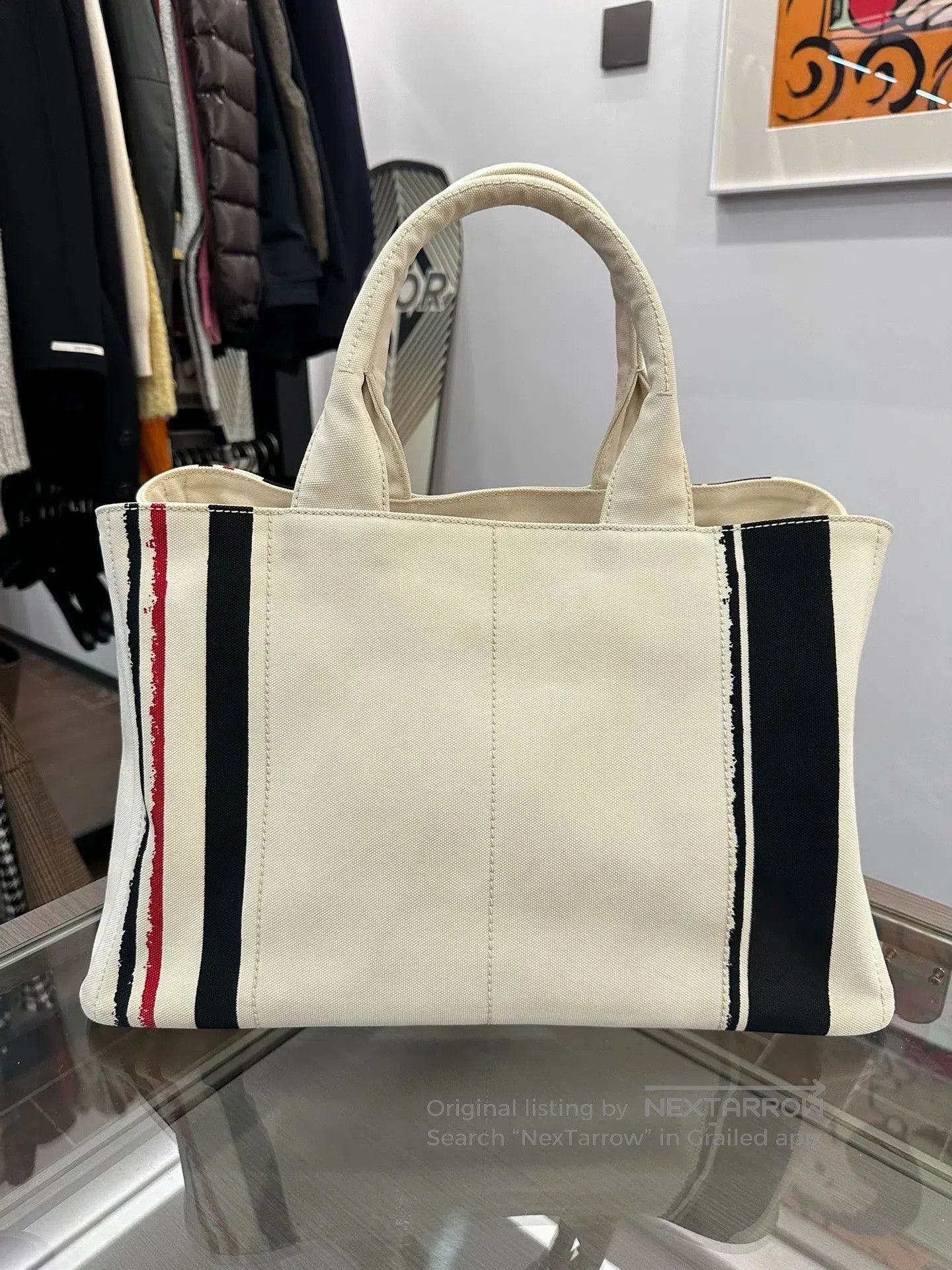 Prada Prada Side Triangle Logo White Striped Canvas Tote. Size ONE SIZE - 3 Thumbnail