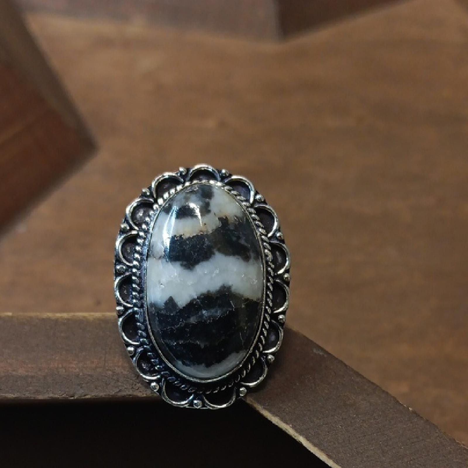Designer Elegant Black and White Buffalo Turquoise Stone Ring Size ONE SIZE - 1 Thumbnail