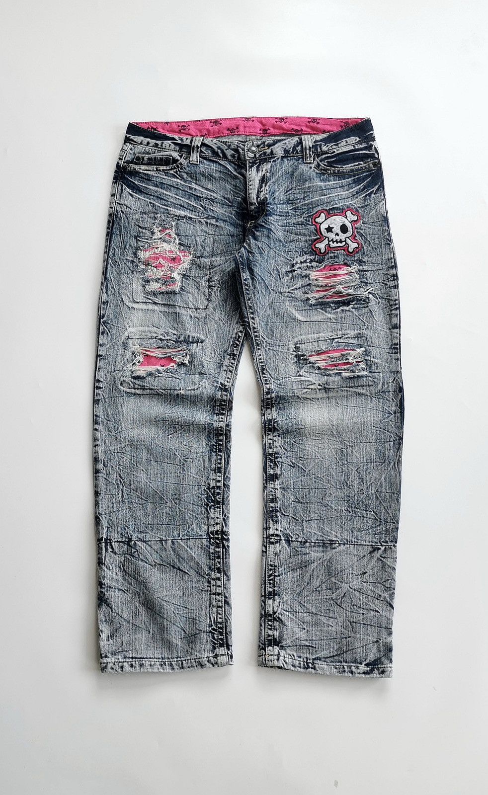 Other Pink Skull Patchwork Boro Denim Jeans Size US 37 - 3 Thumbnail
