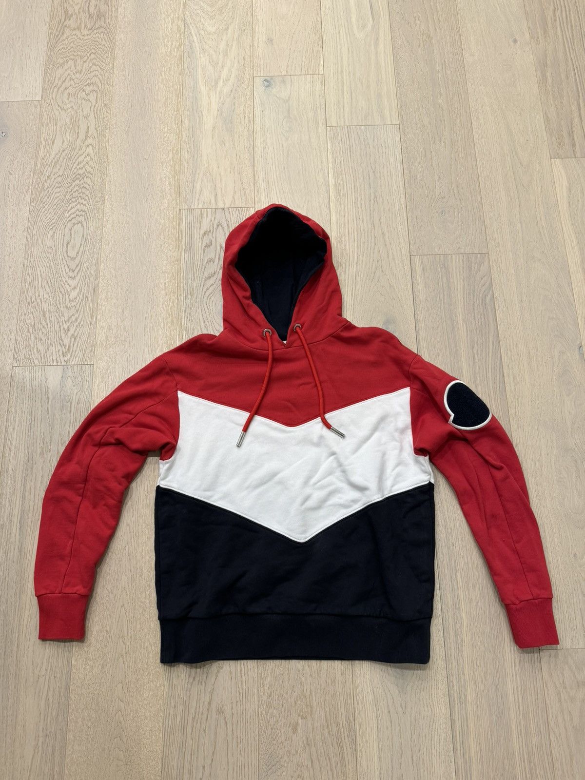 image of Moncler Three-Tone Chevron Logo Patch Hoodie in Blue, Men's (Size Small)