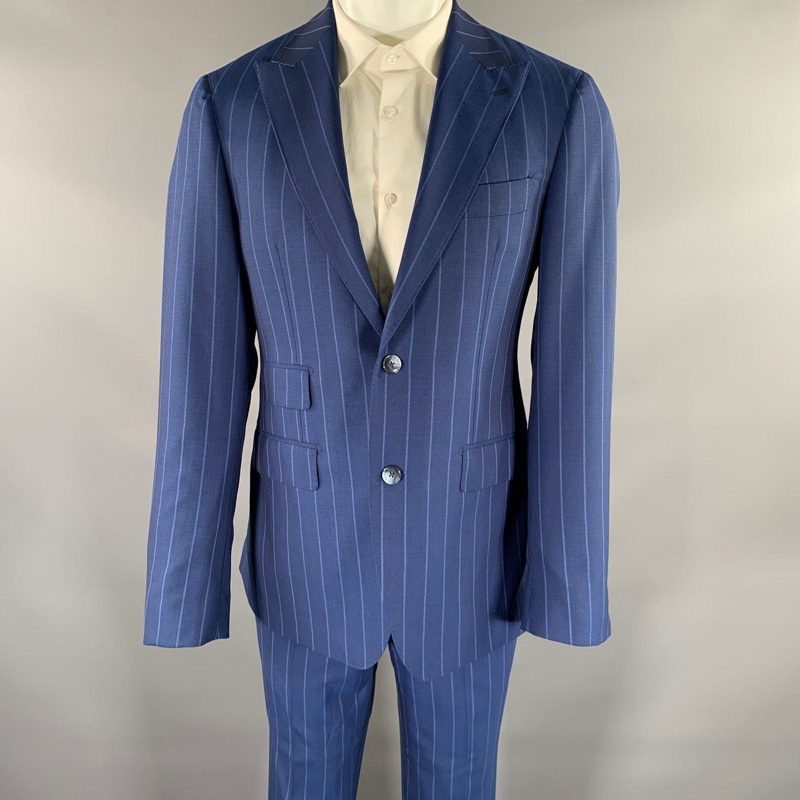 Other ATELIER MUNRO Size 38 Blue Stripe Wool Peak Lapel Suit Size 38R - 1 Thumbnail