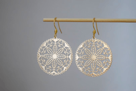 Designer Mandala gold earrings, Boho filigree gold earrings Size ONE SIZE - 9 Thumbnail