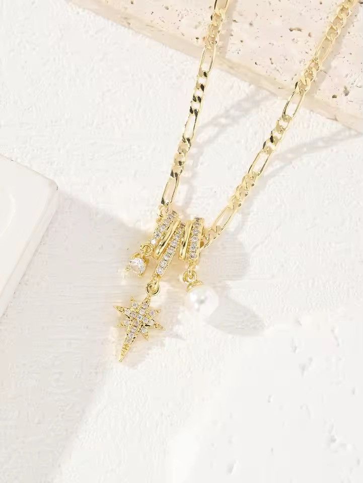 Jewelry STAR Necklace with Pearl & Rhinestone Charms Size ONE SIZE - 4 Thumbnail