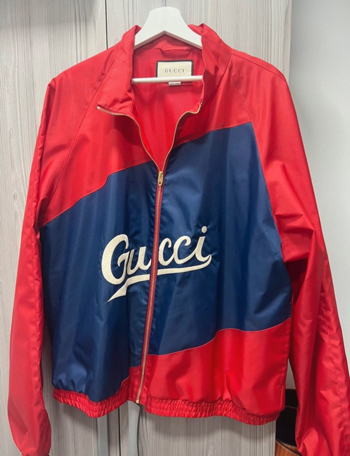 Image of Gucci Script Jacket Jumper Jersey Nylon Red in Blue, Men's (Size XL)