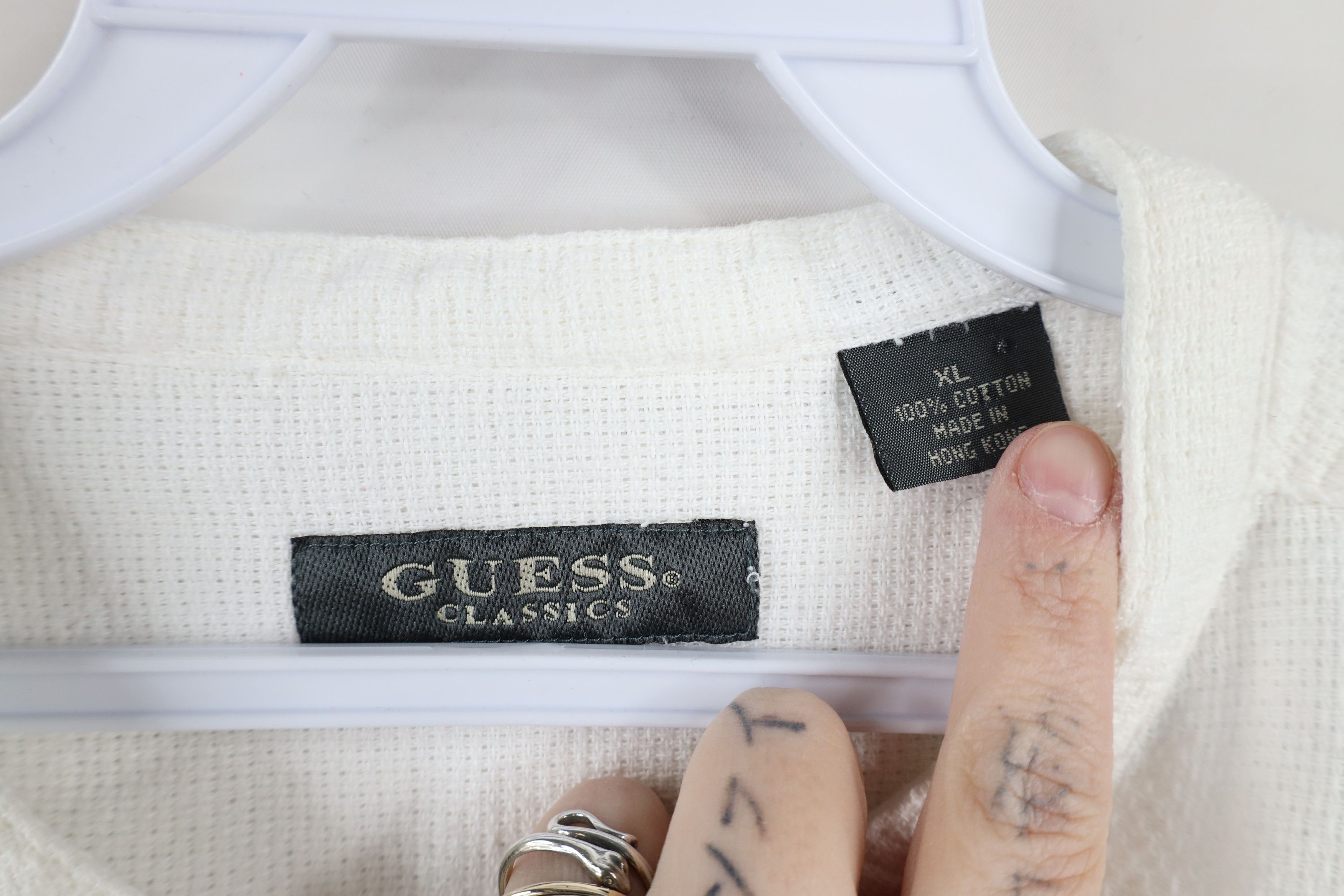 Guess × Vintage Vintage 90s Guess Cotton Weave Knit Band Collar Button Shirt Size US XL / EU 56 / 4 - 6 Thumbnail