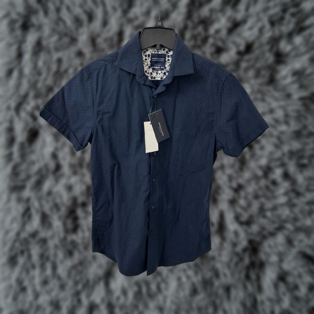 Denime DENIM & FLOWER Shirt Mens XS Blue Short Sleeve Button-Down NWT Polka Dot Floral Collar Slim Fit Size US XS / EU 42 / 0 - 1 Thumbnail