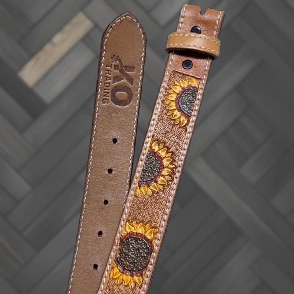 Vintage VINTAGE KO Trading Western Belt Sunflower Cowhide Leather 30 Brown Floral 1-1/2" Belt Men's Vintage Western Belt 30 Brown Sunflower KO Trading Mens Size 30 - 1 Thumbnail