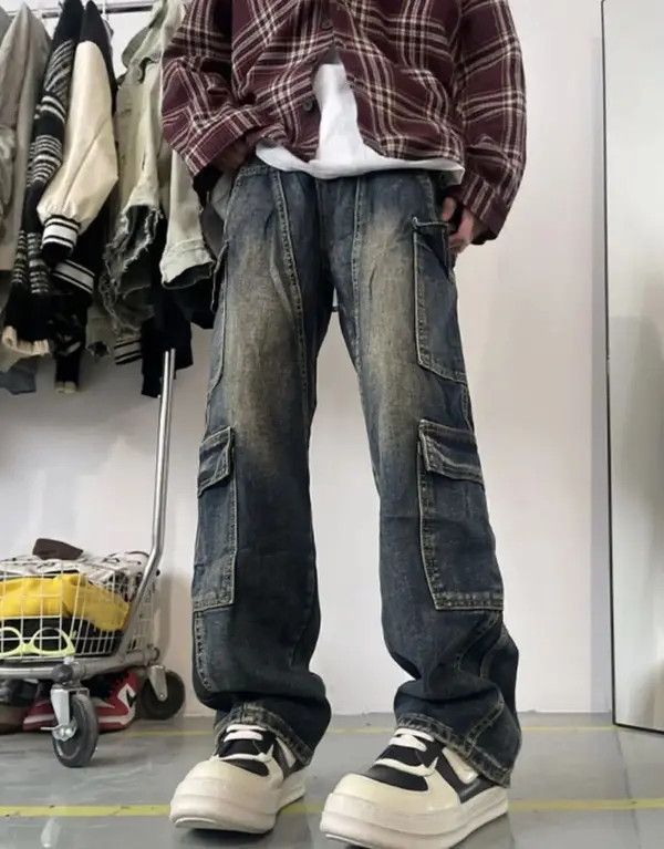 image of Distressed Denim Blue Color Straight Casual Trousers Cargo Denim Pant, Men's (Size 31)