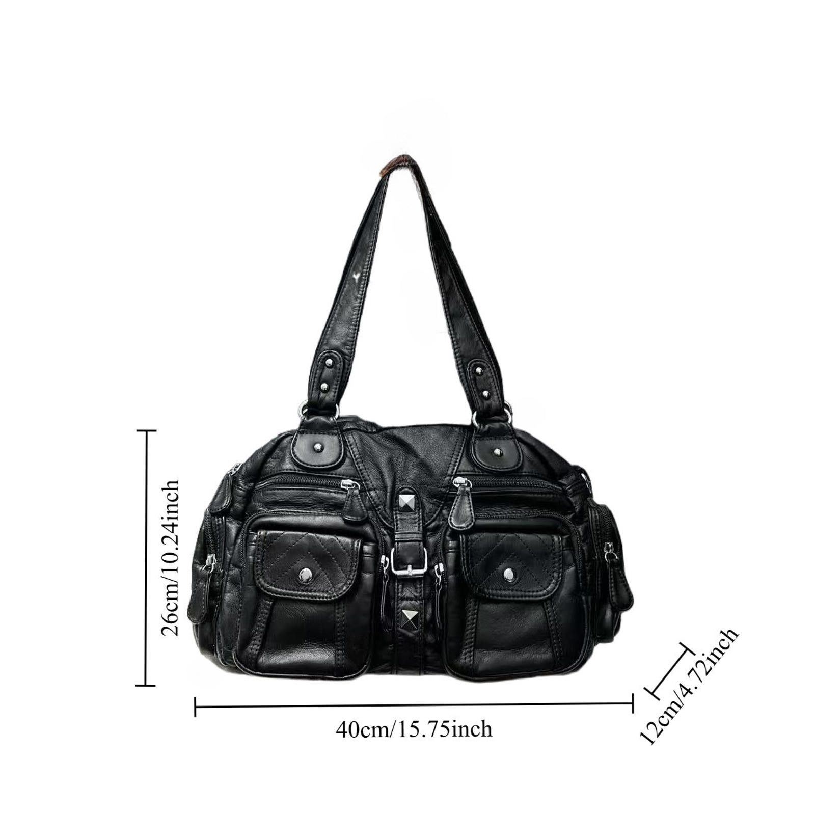 Vintage Black Quilted Leather Shoulder Bag, Multi-Pocket Handbag Size ONE SIZE - 5 Thumbnail