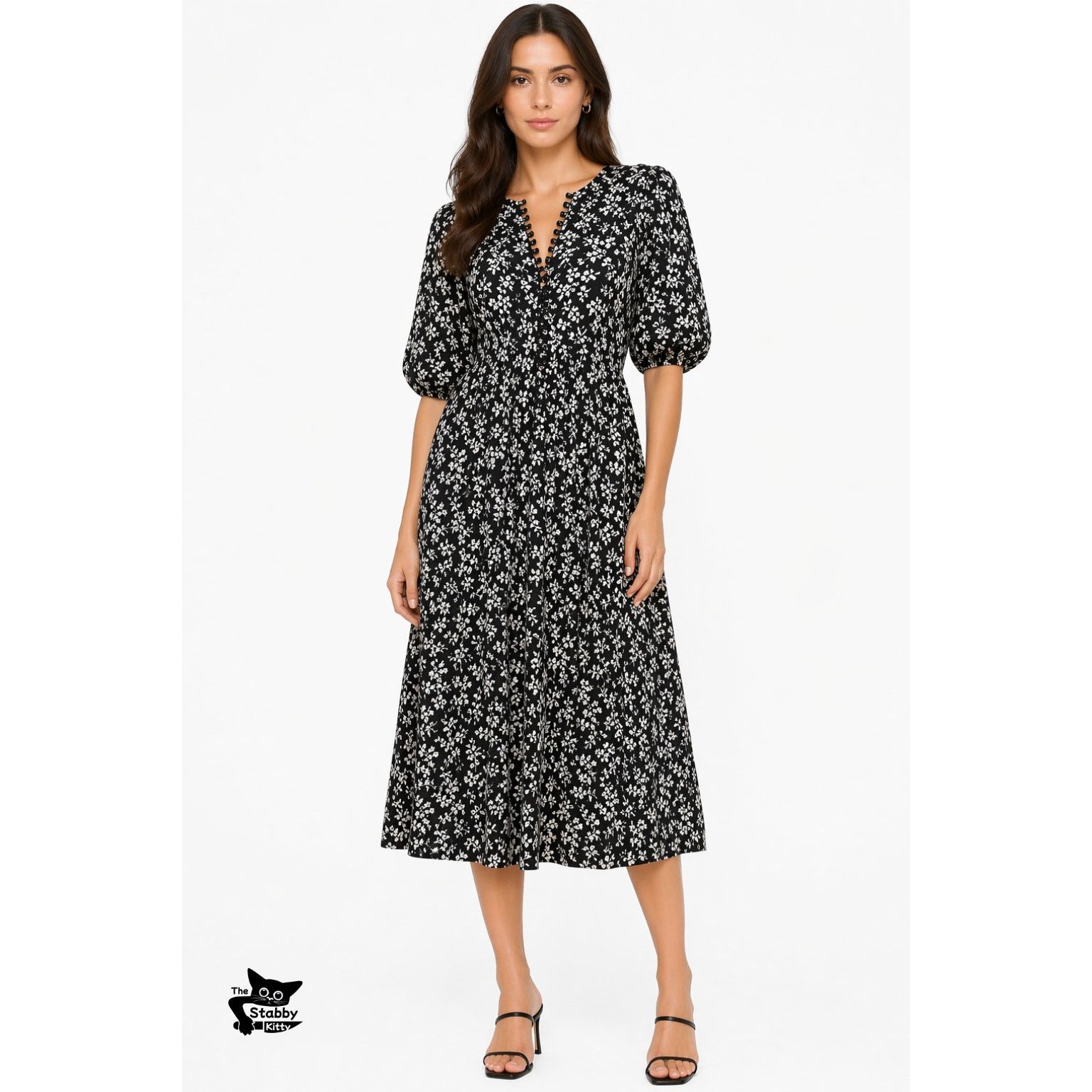 THE GREAT The Great Dress Black Ivory Floral Midi Women Button Front Size XS / US 0-2 / IT 36-38 - 6 Thumbnail